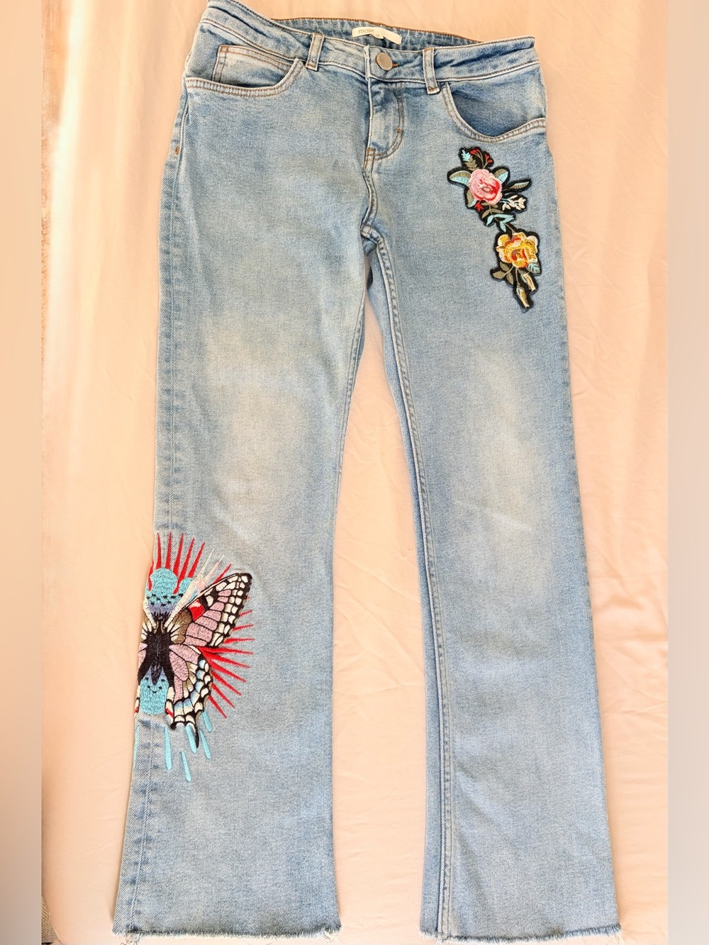 🦋 Maje Paris Designer Low Rise Embroidered Butterfly Cropped Bootcut Jeans Sz 4